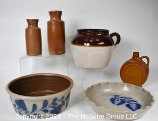 Collection of Vintage Stone Wear Crocks and Blue and White Cookware made by Samon Falls Stonewear.