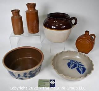 Collection of Vintage Stone Wear Crocks and Blue and White Cookware made by Samon Falls Stonewear.