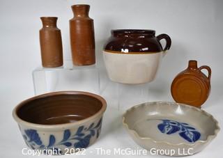 Collection of Vintage Stone Wear Crocks and Blue and White Cookware made by Samon Falls Stonewear.