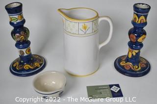 Hand Painted Portugal and Talavera Pottery Pieces Including Candlestick, Pitcher and Dish.