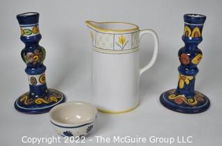 Hand Painted Portugal and Talavera Pottery Pieces Including Candlestick, Pitcher and Dish.