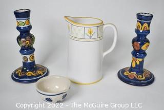 Hand Painted Portugal and Talavera Pottery Pieces Including Candlestick, Pitcher and Dish.