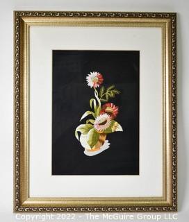 Framed Under Glass Silk Embroidered Flowers on Fabric.  13" x 16.