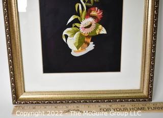 Framed Under Glass Silk Embroidered Flowers on Fabric.  13" x 16.