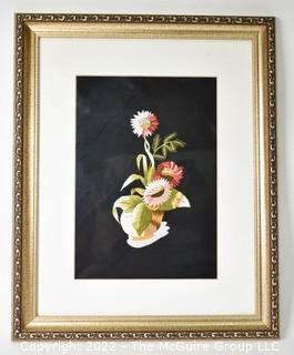 Framed Under Glass Silk Embroidered Flowers on Fabric.  13" x 16.