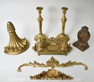 Collection of Brass Items including Inkwell Desk Set, Candle Sticks, Corbell Wall Decorations and Trim. 