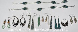 Grop of Silver with Inlaid Stone Dangle Earrings and Peacock Feather Bead Necklace. 