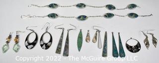 Grop of Silver with Inlaid Stone Dangle Earrings and Peacock Feather Bead Necklace. 