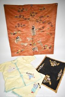 Antique Silk Koi Fish Embroidered Cloth (26" x 27"), Japanese Embroidered Children's Pajamas and Embroidered Felt Table Square.