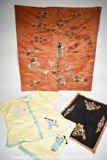 Antique Silk Koi Fish Embroidered Cloth (26" x 27"), Japanese Embroidered Children's Pajamas and Embroidered Felt Table Square.