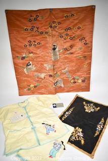 Antique Silk Koi Fish Embroidered Cloth (26" x 27"), Japanese Embroidered Children's Pajamas and Embroidered Felt Table Square.