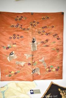 Antique Silk Koi Fish Embroidered Cloth (26" x 27"), Japanese Embroidered Children's Pajamas and Embroidered Felt Table Square.