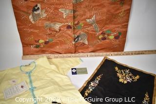 Antique Silk Koi Fish Embroidered Cloth (26" x 27"), Japanese Embroidered Children's Pajamas and Embroidered Felt Table Square.