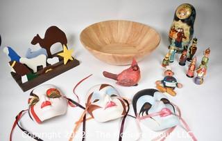 Group of Souvenir Items Including Russian Matryoshka Doll with Ornaments and Porcelain Face Masks. 