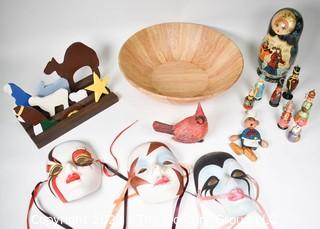 Group of Souvenir Items Including Russian Matryoshka Doll with Ornaments and Porcelain Face Masks. 