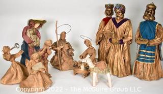 Retro Burlap with Gold Paint Artisan Made Creche Nativity Set 