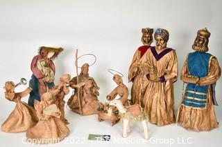 Retro Burlap with Gold Paint Artisan Made Creche Nativity Set 