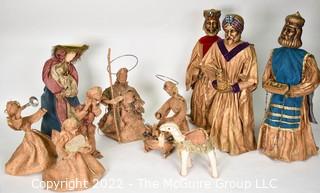 Retro Burlap with Gold Paint Artisan Made Creche Nativity Set 