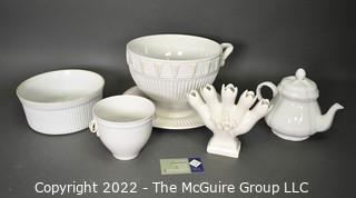 Group of White Ironstone Porcelain Serving and Decorative Items. Includes Soup Tureen Butlers Pantry by Lenox with some chips.