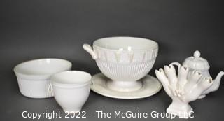 Group of White Ironstone Porcelain Serving and Decorative Items. Includes Soup Tureen Butlers Pantry by Lenox with some chips.