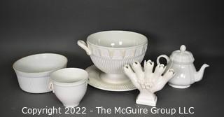 Group of White Ironstone Porcelain Serving and Decorative Items. Includes Soup Tureen Butlers Pantry by Lenox with some chips.