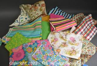 Group of Vintage Retro Fabric Remanents Including Holly Hobbie, Fabric Catalog Samples and Terry Cloth. 