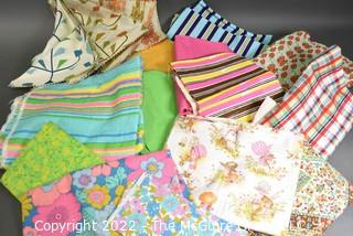 Group of Vintage Retro Fabric Remanents Including Holly Hobbie, Fabric Catalog Samples and Terry Cloth. 