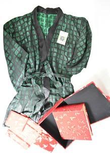 Japanese Souvenir Items Including Kimono and Satin Presentation Box