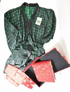 Japanese Souvenir Items Including Kimono and Satin Presentation Box