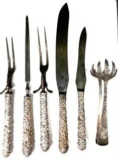 Set of Antique Kirk & Son Sterling Silver Serving Utensils in Repousse Pattern. 144 sterling grams and 636 grams of sterling handled knives 