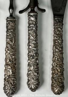 Set of Antique Kirk & Son Sterling Silver Serving Utensils in Repousse Pattern. 144 sterling grams and 636 grams of sterling handled knives 