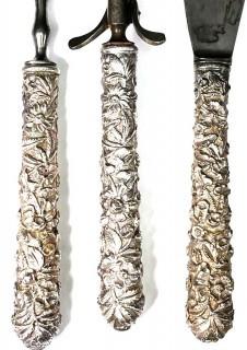 Set of Antique Kirk & Son Sterling Silver Serving Utensils in Repousse Pattern. 144 sterling grams and 636 grams of sterling handled knives 