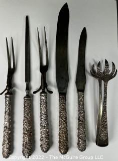 Set of Antique Kirk & Son Sterling Silver Serving Utensils in Repousse Pattern. 144 sterling grams and 636 grams of sterling handled knives 