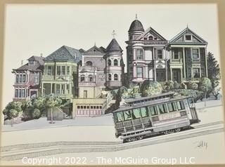 Pencil Signed Colored Print of the "Painted Ladies" Row Houses in San Francisco.  Martin Zang 1980