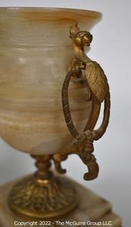 Pair of  Antique Alabaster Marble Urns with Gilt Bronze Handles on Bases. 9" tall.