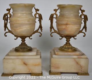 Pair of  Antique Alabaster Marble Urns with Gilt Bronze Handles on Bases. 9" tall.