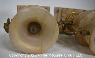 Pair of  Antique Alabaster Marble Urns with Gilt Bronze Handles on Bases. 9" tall.