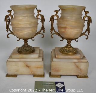 Pair of  Antique Alabaster Marble Urns with Gilt Bronze Handles on Bases. 9" tall.