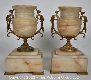 Pair of  Antique Alabaster Marble Urns with Gilt Bronze Handles on Bases. 9" tall.