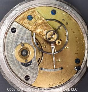 NY Watch Co. Pocket Watch. Novelty. 18S-7J-HG4K-Unadjusted.  Rare two tone movement. #56,487 (EA701 and Ency. 124) Coin Silver Case