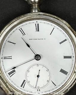 NY Watch Co.  Pocket Watch. Woolworth, Chester 18S-15J-HG3K-U-(EA700) #13,987   Coin Silver Case         