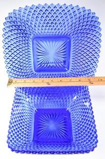 Two (2) Cobalt Blue Diamond Point Cut Glass Serving Pieces - Platter and Bowl. 