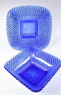 Two (2) Cobalt Blue Diamond Point Cut Glass Serving Pieces - Platter and Bowl. 