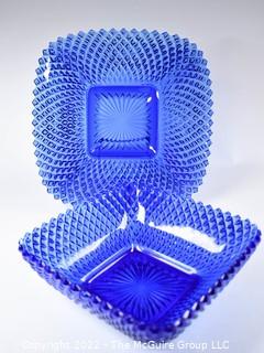 Two (2) Cobalt Blue Diamond Point Cut Glass Serving Pieces - Platter and Bowl. 