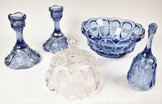 Five (5) Pieces of Fenton Glass in Barrel Oval Pattern, Blue and Clear. 