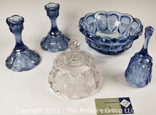 Five (5) Pieces of Fenton Glass in Barrel Oval Pattern, Blue and Clear. 