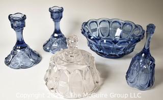 Five (5) Pieces of Fenton Glass in Barrel Oval Pattern, Blue and Clear. 