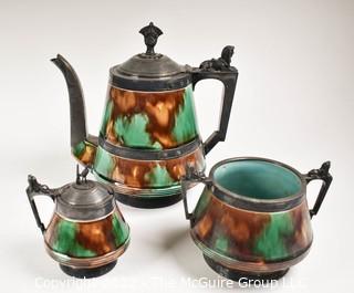 Three (3) Piece Victorian Majolica Wedgwood Egyptian Revival Tea Set With Sphinx Silver Plated Mounts