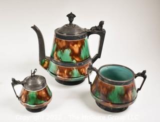 Three (3) Piece Victorian Majolica Wedgwood Egyptian Revival Tea Set With Sphinx Silver Plated Mounts