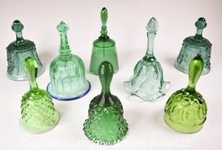 Eight (8) Green Fenton Glass Hand Bells. 